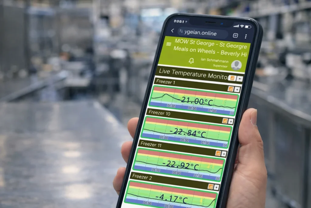 mobile phone being used in MOW to display live trends with alarms for quick check of refrigeration status and history over last 4 hours