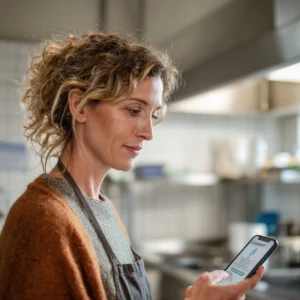 Meals on Wheels coordinator calmly checking a temperature alert on her smartphone in a commercial kitchen