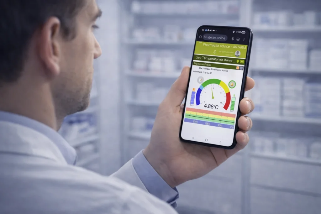 fully managed strive for five cloud-based vaccine fridge logger compliance with pharmacist checking fridge temperature on his mobile phone live