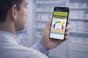 strive for five vaccine management compliance with pharmacist checking fridge temperature on his mobile phone live