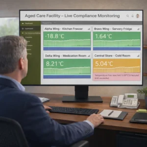 Aged care compliance monitoring dashboard displayed in facility office showing multi-point refrigeration oversight across kitchen, servery and medication areas.