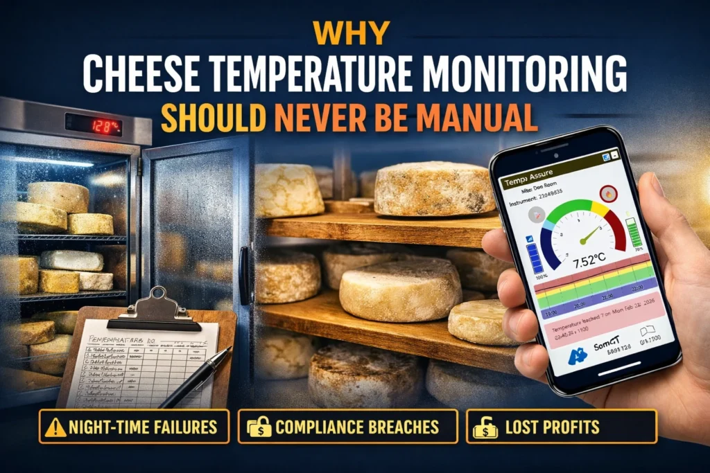 Cheese maturation room temperature alert on Temp Assure mobile monitoring system