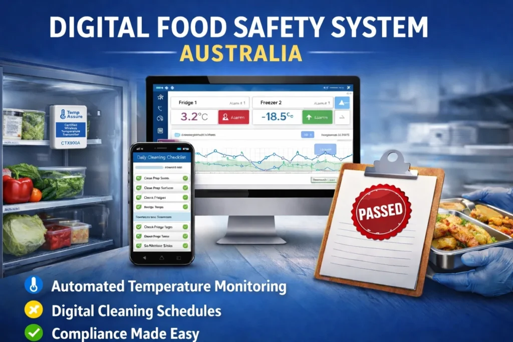 Digital food safety system Australia showing CTX900A wireless temperature transmitter mounted inside glass-door commercial fridge with dashboard monitoring and digital cleaning checklist