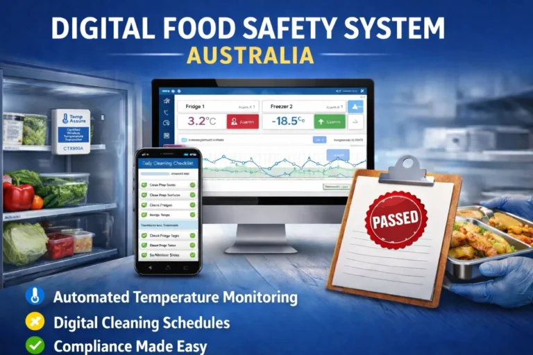 Digital food safety system Australia showing CTX900A wireless temperature transmitter mounted inside glass-door commercial fridge with dashboard monitoring and digital cleaning checklist