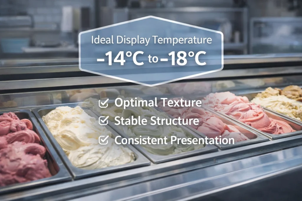 Gelato display cabinet showing ideal temperature range of -14°C to -18°C for optimal texture and quality
