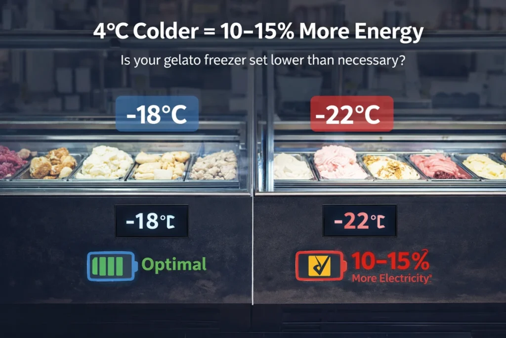 Gelato display cabinet comparison showing -18°C optimal temperature vs -22°C using 10–15% more electricity