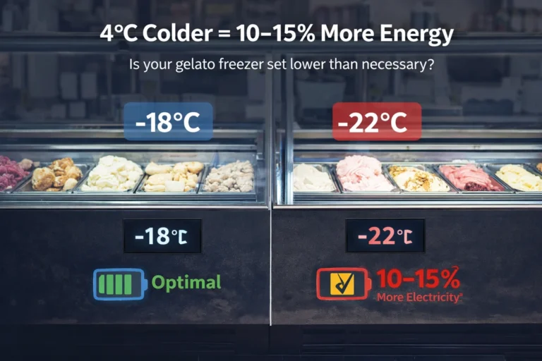 Gelato display cabinet comparison showing -18°C optimal temperature vs -22°C using 10–15% more electricity