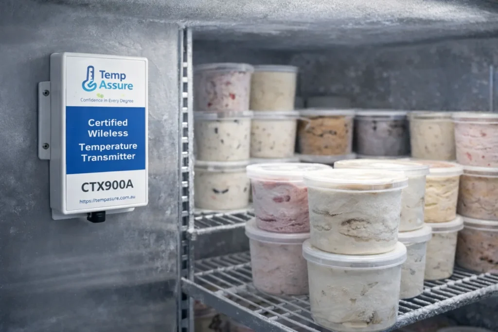 ideal ice cream sotrage temperature is -10C and best monitored by CTX900A in freezer