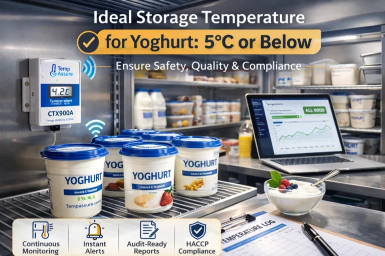 Commercial yoghurt stored at 5°C in a commercial fridge with Temp Assure CTX900A wireless temperature transmitter