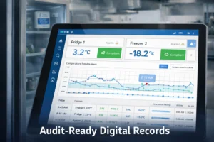 Restaurant temperature compliance Australia showing digital temperature monitoring dashboard with compliant fridge and freezer readings in commercial kitchen CTX900A in glas door fridge