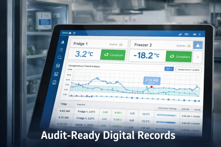 Restaurant temperature compliance Australia showing digital temperature monitoring dashboard with compliant fridge and freezer readings in commercial kitchen CTX900A in glas door fridge