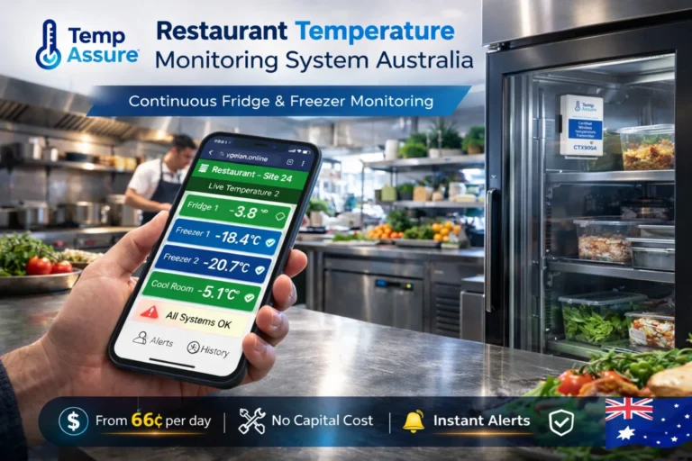 Restaurant temperature monitoring system Australia with live fridge and freezer temperatures on mobile phone and CTX900A wireless transmitter mounted inside glass-door commercial refrigerator