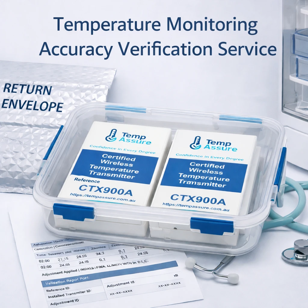 Temp Assure CTX900A temperature monitoring accuracy verification setup showing reference and installed transmitters inside sealed comparison enclosure