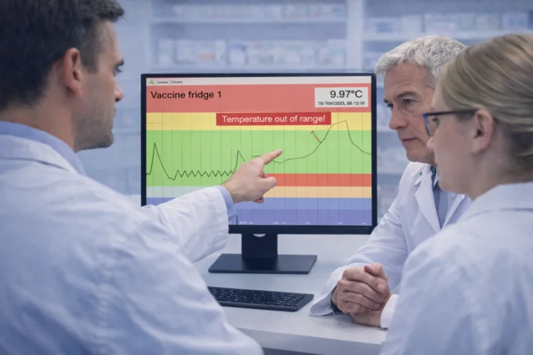 Doctors reviewing vaccine fridge temperature breach on monitoring dashboard in Australian medical centre under Strive for Five compliance.