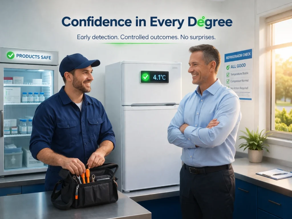 Technician completing refrigeration service while manager looks relieved, fridge temperature stable showing early detection prevents refrigeration failure