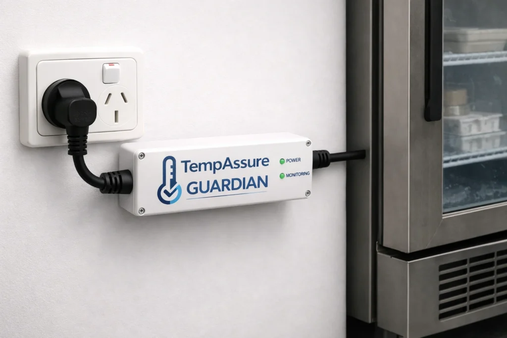 Temp Assure Guardian refrigeration monitoring device installed between power outlet and fridge for early fridge failure detection