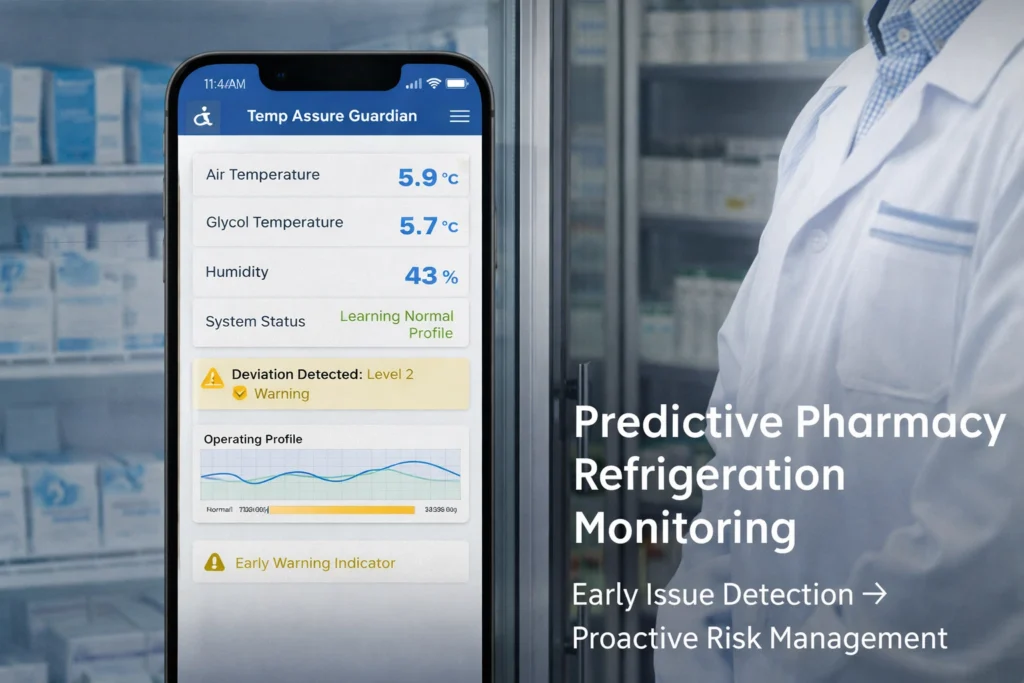 Pharmacist using strive for five monitoring fridge temperature and system performance on smartphone showing air temperature, glycol probe, humidity, and early refrigeration warning indicators