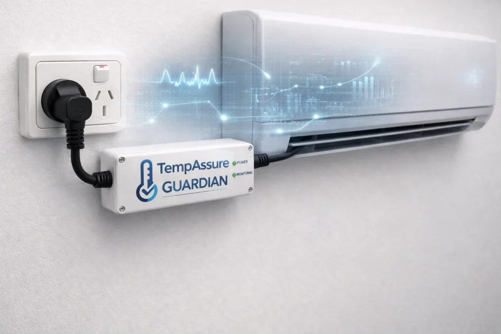 TempAssure Guardian HVAC monitoring device connected inline to single phase air conditioning system showing performance analysis and fault detection