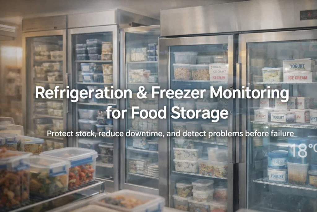 Commercial fridges and freezers storing food products in a professional kitchen, illustrating refrigeration and freezer monitoring for food storage