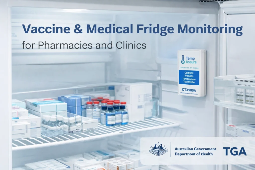 Modern medical refrigerator storing vaccines and medicines in a clean clinical environment illustrating vaccine fridge monitoring for pharmacies and clinics