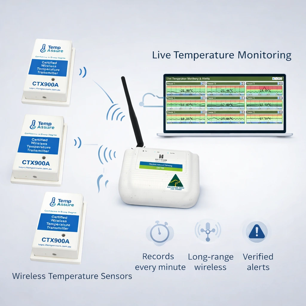 Wireless temperature monitoring system with gateway, CTX900A transmitters, cloud dashboard, alarms and reporting for fridges, freezers and vaccine storage