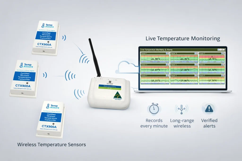 Wireless refrigeration temperature monitoring system showing CTX900A sensors connecting to a gateway with live temperature dashboard and alerts
