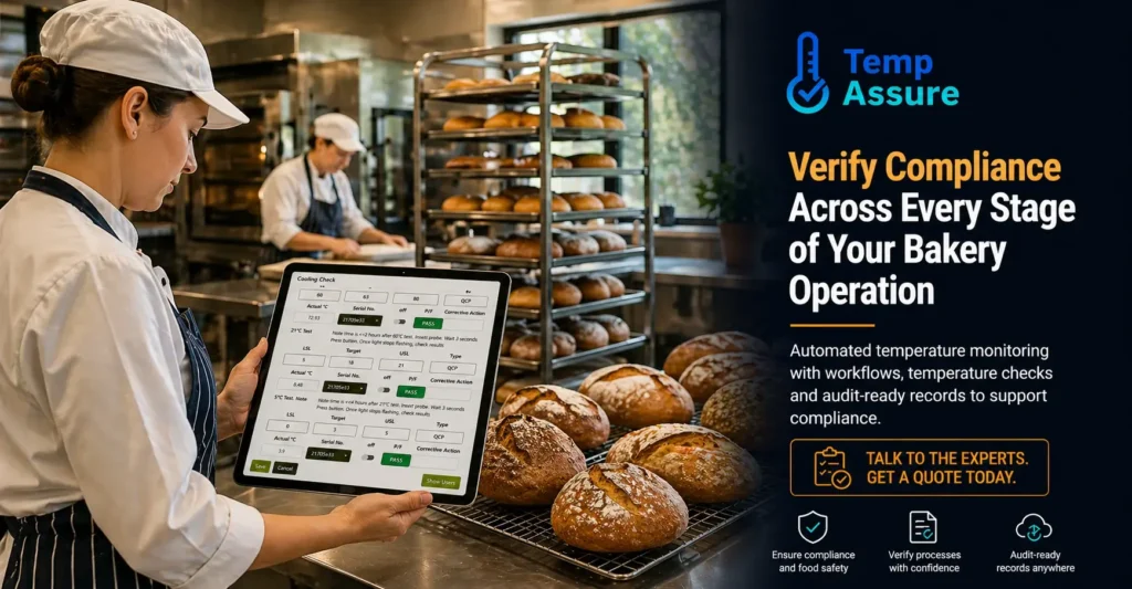 Bakery staff using tablet to verify temperature compliance with cooling checklist and automated monitoring system