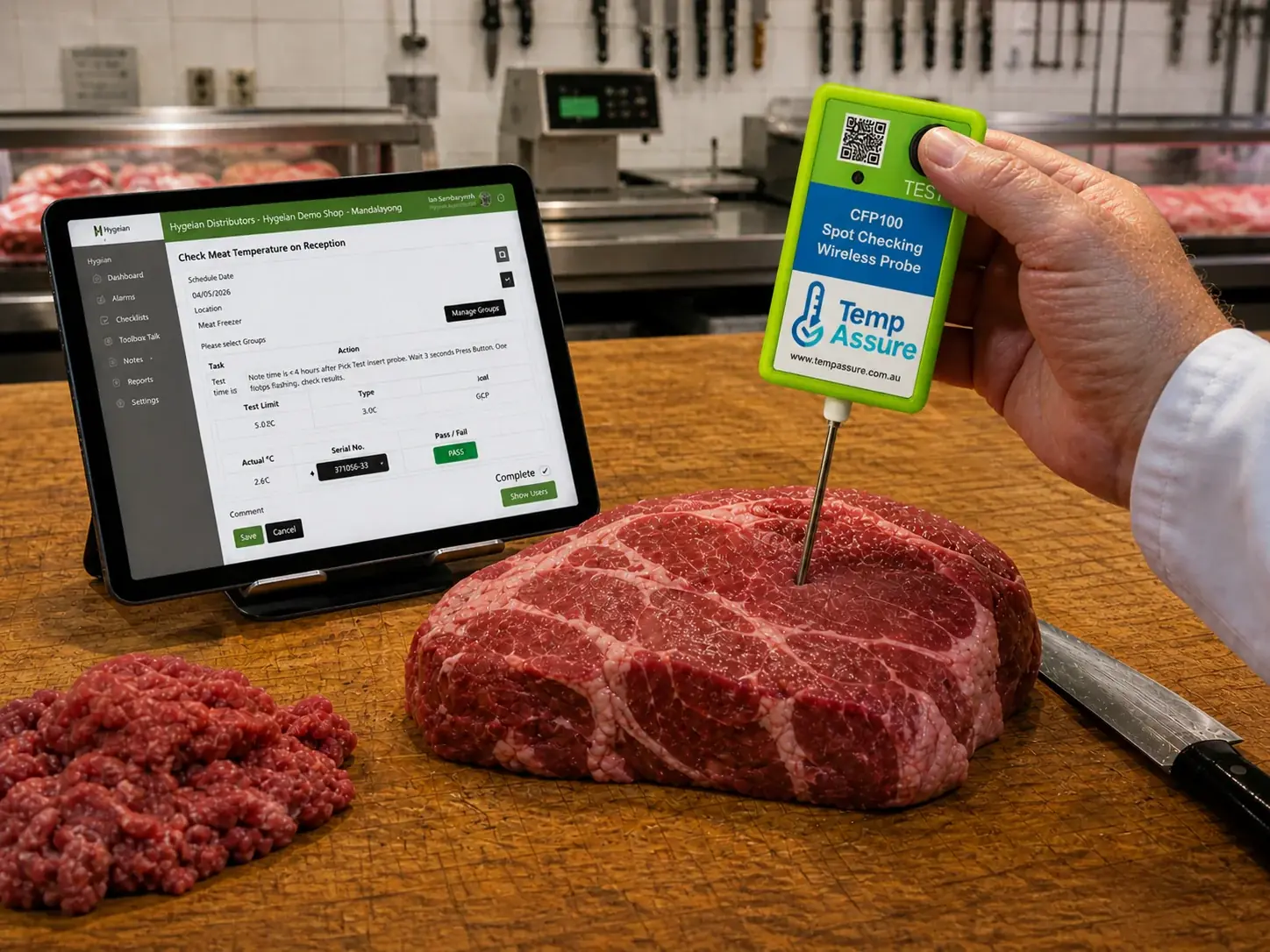 Wireless meat temperature probe checking incoming delivery with digital checklist system in butcher shop