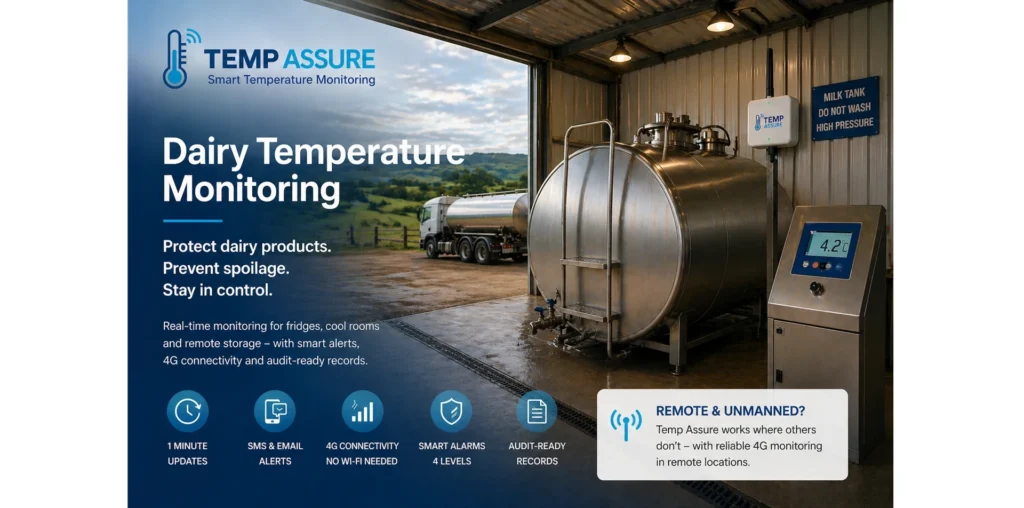 Remote dairy storage depot with milk tank and Temp Assure wireless temperature monitoring system installed for 4G-connected monitoring