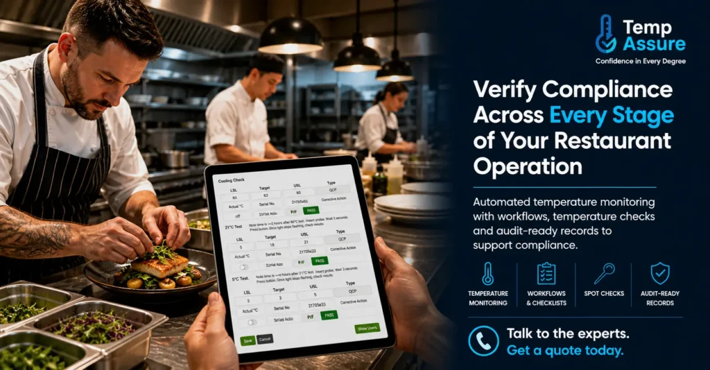 Restaurant kitchen staff using tablet to complete cooling checklist for temperature compliance with automated monitoring system