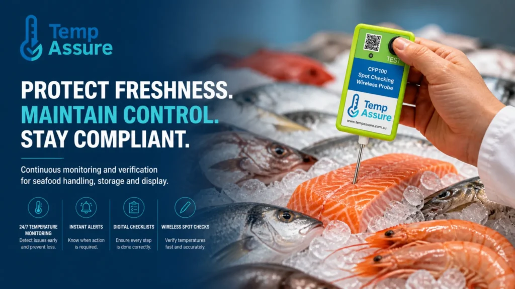 Seafood temperature monitoring with wireless probe checking fresh fish on ice for food safety compliance