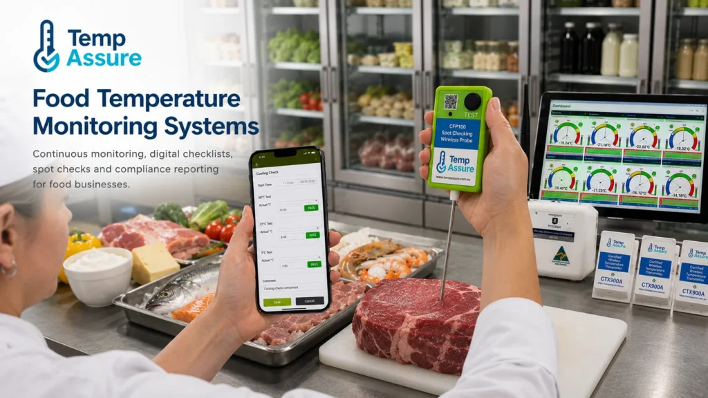 Food safety worker using Temp Assure wireless spot checking probe and mobile checklist system with live refrigeration monitoring dashboard in a commercial kitchen.