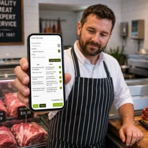 butcher temperature monitoring by temp assure showing checklist being performed by butcher