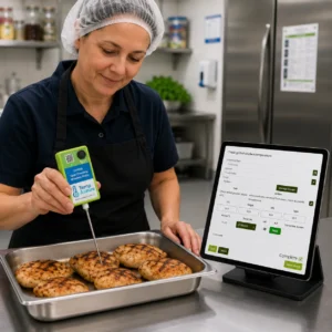 Kitchen worker using the Temp Assure CFP100 wireless food probe to check grilled chicken temperature while viewing a digital food safety checklist on a tablet in a commercial kitchen.
