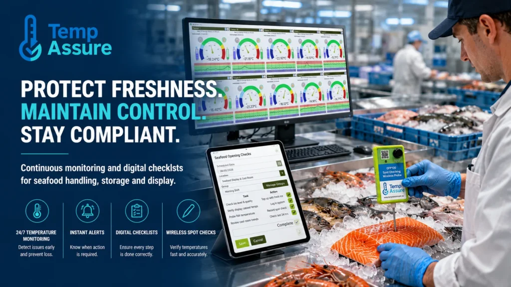 Seafood temperature monitoring with wireless probe checking fresh fish on ice for food safety compliance