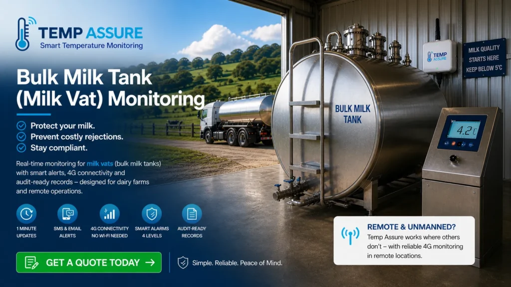 bulk milk tank and vat monitoring for temperature records and alerts